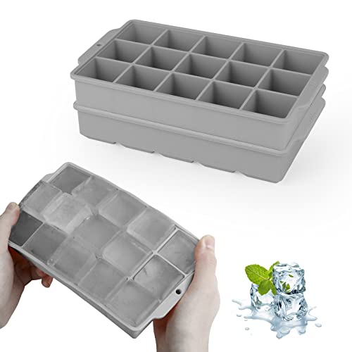 JOPHEK Bandejas de Cubitos de Hielo, 2 Piezas 30 Cubos Silicona Moldes para Cubitos de Hielo, Cubitos de Hielo Cuadrados Grandes de 3,5cm para Cócteles, Whisky, Vino, Frutas, Puré de Frutas