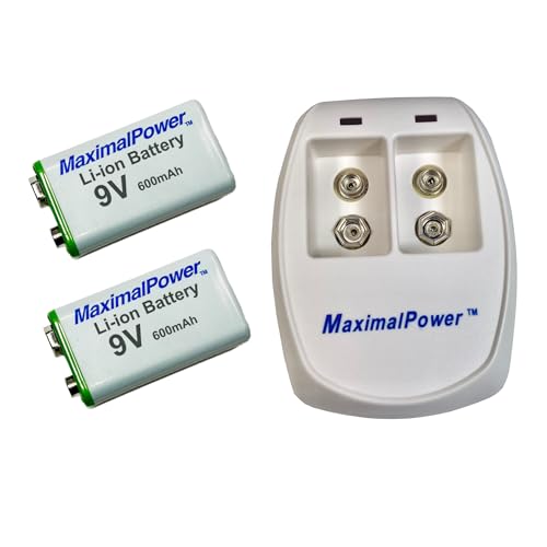 Maximal Power Combo 9V MaximalPower 9V Battery and Charger Pack of 2 9V li-ion Rechargebale Batteries