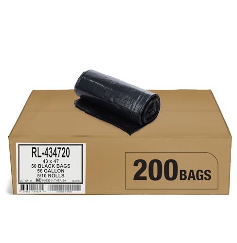 Image of Aluf Plastics 56 Gallon Trash Bags (2 MIL - Pack of 200) 43 inch x 47 inch - Large Heavy Duty Can Liners - Plastic Black Garbage Bags for Lawn, Leaf, Contractor, Yard, Outdoor use