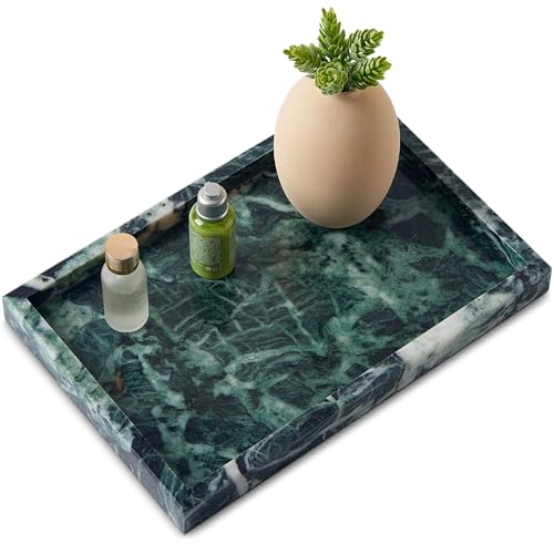 Image of Real Natural Marble Tray for Bathroom, Vanity, Kitchen and Desktop, Rectangle Genuine Marble Stone Tray for Jewelry, Cosmetics, Candles, Lotion, Perfume (Snowflake-Green, 12 inch x 8 inch x 1.2 inch)