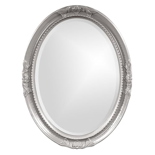 Image of Howard Elliott Collection Queen Ann Oval Glossy Nickel Wall Mirror, Oval Bevelled Hanging Wood Framed Vanity Mirrors for Home Decor, Living Room, Bathroom, Bedroom, or Hallway, 25 x 33 Inch