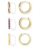 Inerney Gold Amethyst Huggie Hoop Earrings Set for Women, Dainty 14K Small Purple Earring Hypoallergenic Jewelry for Multiple Piercings, Trendy Twisted Cute Cartilage Hoops February Birthstone Gift