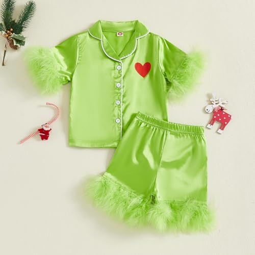 Kuriozud Toddler Girl Boy Christmas Satin Pajamas Heart Print Feather Trim Sleeve Button Down Sleepwear Kids Little Pjs Set3