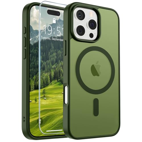 Image of SUPFINE Magnetic for iPhone 16 Pro Case(Compatible with MagSafe)(Military Grade Drop Protection) Slim Translucent Matte Shockproof with Anti-Fingerprint Phone Case,Cangling Green