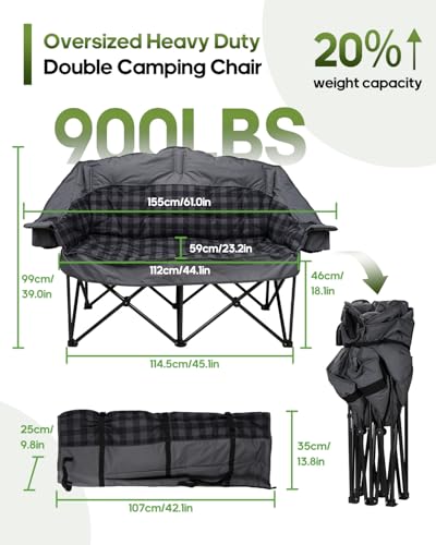Double Camping Chair Padded Loveseat Camping Couch, Oversized 2 Person Camp Chairs with 2 in 1 Carry Bag, Heavy Duty Folding Lawn Chair Sofa with Cup Holders for Adults Patio Backyard Beach, Gray - view 1