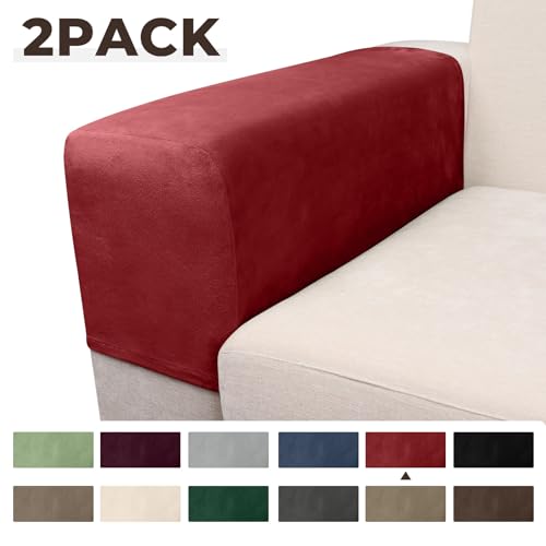 Image of Couch Arm Covers 2 Pcs Sofa Armrest Covers Stretch Couch,Armrest Cover for Chairs Scratch-Resistant Sofa Arm Cover Armchair Slipcovers,Christmas Red