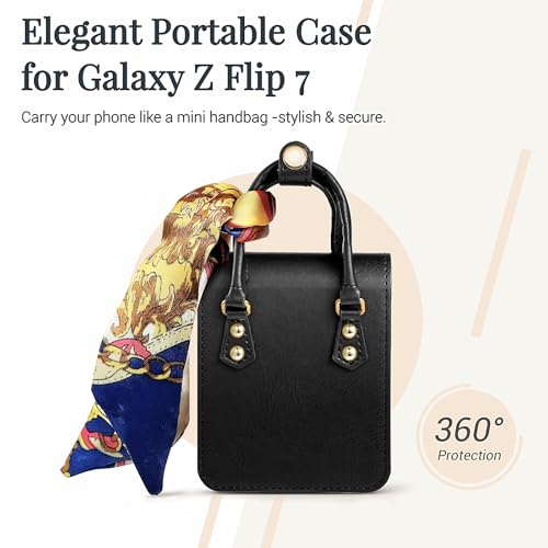 Image of for Samsung Galaxy Z Flip 7 Case, Cute Mini Handbag Wallet Phone Case with Card Holder, Silk Scarf & Handle Strap, Luxury PU Leather Protective Cover - Black