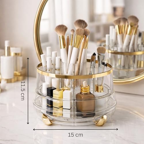 Image of KREPS 360 Rotating Makeup Brush Holder with Lid, Makeup Organizer for Nail Polish Perfume Lipstick Pen-Pencil Paint Brush Stationary, Multifunctional Dressing Table Storage.