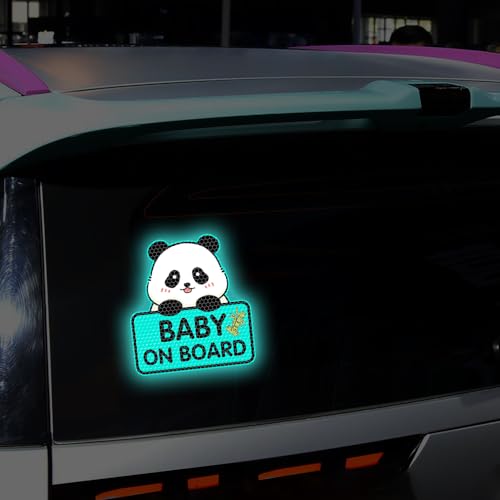 Image of 2PCS Panda Baby On Board Sticker for Cars, Cute Highly Reflective Kids in Car Sticker Sign for Car Window Bumper Truck Auto Warning Decals (Mint Green)
