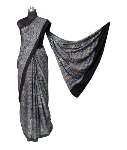 Image of Ethnics of Kutch Womenss Ajrakh Modal Silk Natural Dye Hand Block Print Saree with Blouse Piece - 5.5 Mtr Length