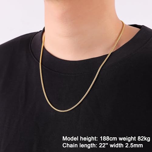 Fiusem Gold Plated Wheat Chain Necklace for Men, 2/2.5/3/4/5mm Gold Stainless Steel Necklace Chains for Men and Women 16-28 Inch, Jewelry Gift3