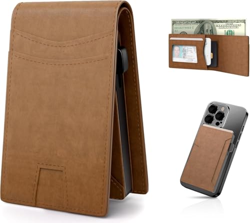 Real Leather Wallet for Men with Detachable Magnetic Pop-up Card Holder Slots RFID Blocking Minimalist Bifold Wallet with Money Clip (Brown)