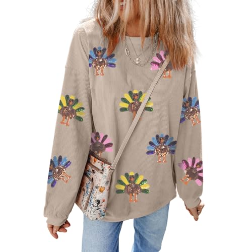 Womens Loose Turkey Graphic Sequin Sweatshirt Corduroy Comfy Pullover Sweater Trendy Fall Outfits Khaki