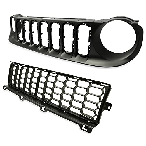 Kojem Front Upper & Lower Grille 2pcs Compatible with 2015 - 2018 Jeep Renegade Black Bumper Mesh Grill 2 Packages
