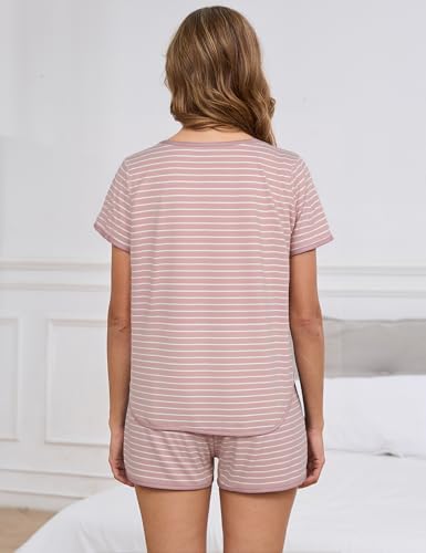 Image of Cotton Pajama Sets for Women 2 Piece Lounge Set Stripe Pj Set Loungewear Short Sleeve Top and Shorts with Pockets