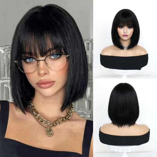 Aecaeceo Black Wig with Bangs Bob Wigs for Women Short