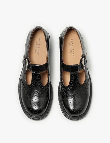 Image of BEAU TODAY Oxford Shoes for Women, Mary Jane Shoes for Women T Strap Leather Wingtip Brogue, Chunky Heel Comfortable Non Slip Dress Work Shoes