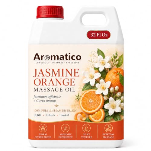 Image of AROMATICO Jasmine Orange Massage Oil for Skin & Body | Lightweight Professional Grade Refill Pack - 1000ml (1L Bulk)