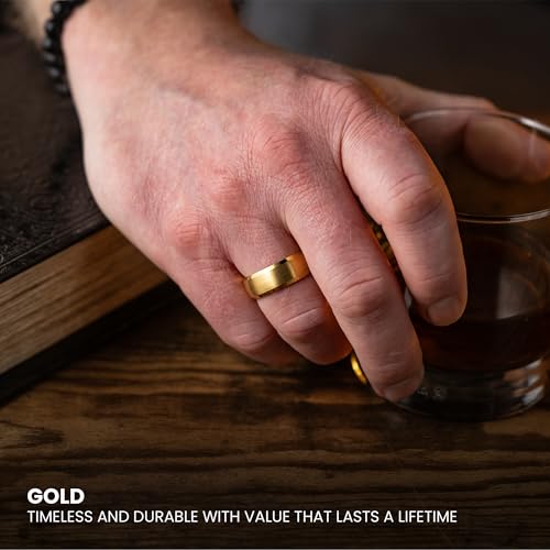 Manly Bands: Mens 14K Yellow Gold Plated Wedding Bands and Rings - Gold Plated Tungsten Comfort Fit and Stylish Rings for Men, Free Silicone Ring Included4