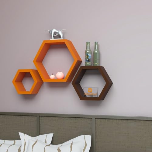 Image of DRIFTINGWOOD Wall Shelf Rack Hexagon Shape Storage Wall Shelves Set of 3 - Orange & Brown