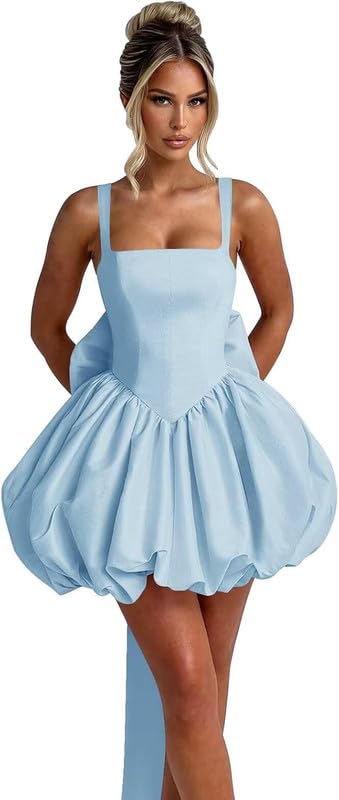 Satin Homecoming Dresses for Teens 2025 Spaghetti Straps Puffy Mini Cocktail Pary Dresses with Bow LSH414