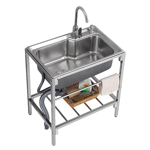 Fregadero de acero inoxidable de un solo seno, fregadero de jardín para exteriores, fregadero independiente para restaurante comercial, antidesbordamiento con grifo, cesta de drenaje, estante, toalle