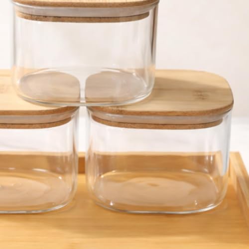 Image of Borosilicate Transparent Glass Storage Jar Set with Bamboo Tray, Set of 4 (500ml) Airtight Square Glass Containers with Bamboo Lids & Silicone Seal, Dry Fruit Storage Jars for Spice