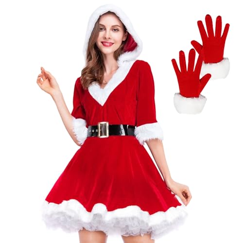 Giugio Weihnachtsmann Kostüm Damen, Rot Weihnachtskostüm Frauen Nikolaus Kostüm mit Kapuze, Weihnachts Cosplay kostüm, Weihnachten Karneval...