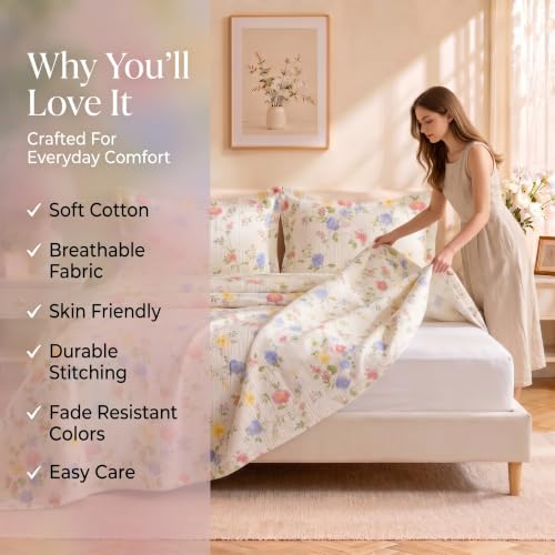 Image of SANMARINO Cloud Cotton 210 TC King Size Bedsheet with 2Pillow Covers | Ultra Soft & Breathable | Floral Design Bedding Set | Hotel-Quality Comfort for a Luxurious Sleep | 270 x 250 cm | Pastel Garden