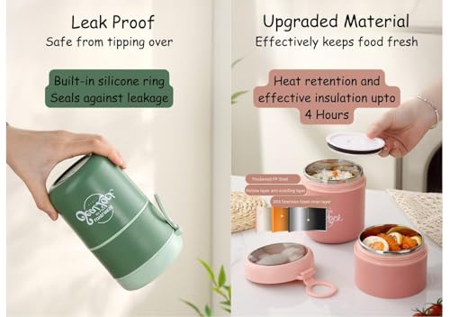 Image of 780ml Stainless Steel Lunch Pot with Cutlery Storage Double Layer Insulated Lunch Container Leakproof Portable with Lid for Office School Travel - Green