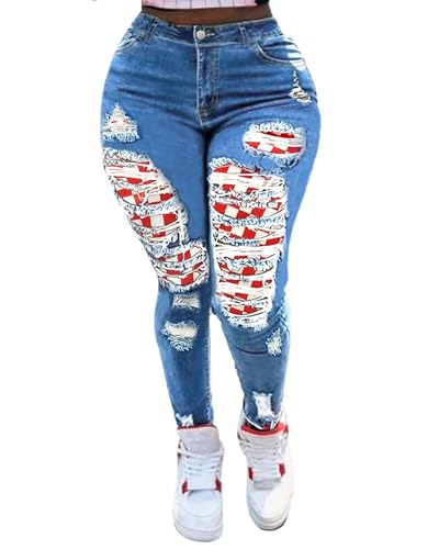 Women's Ripped Plaid Patchwork Stretchy Skinny Jeans High Waisted Slim Curvy Denim Pants