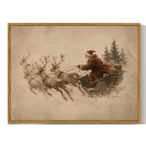 Image of ARPEOTCY Framed Winter Christmas Wall Art, Christmas Reindeer Sled