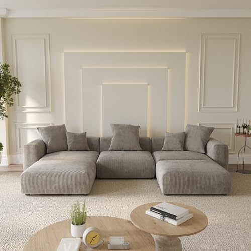 WJShome Cloud Couch Modular Sectional Sofa,141.73" U Shaped Sofa with 2 Ottomans,Brown Corduroy Couch 5 Seater,Convertible Sectional Sofa for Living Room,Cushion Covers Removable& Washable