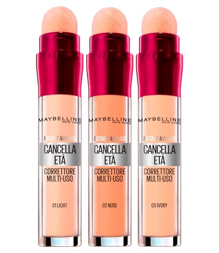 3x Maybelline New Tork Corrector Líquido Borrar Edad Colores 00 Ivory, 02 Desnudo y 01 Light con Bayas de Goji y Haloxyl