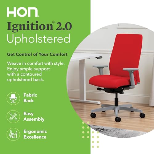 Image of HON Ignition 2.0 Ergonomic Office Chair with Adjustable Arms, Advanced Synchro‑Tilt Recline, Upholstered Desk and Computer Chair for Home Office or Workstation, Titanium Frame, Ruby