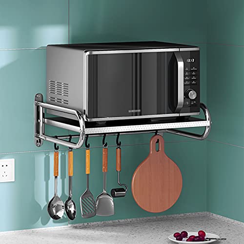 Soporte de pared para microondas, estante de acero inoxidable 304 resistente con ganchos, solución de almacenamiento que ahorra espacio para cocina