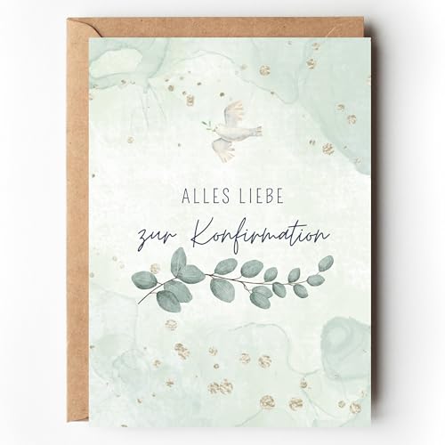 Glückwunschkarte zur Konfirmation Eukalyptus Konfirmationskarte für Jungen und Mädchen Friedenstaube Aquarell A6 Karte mit Umschlag für Geld Geschenk Konfirmation Feier (1 Karte mit Umschlag)