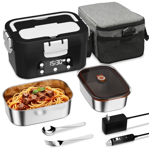 Lonchera eléctrica con calefacción, capacidad extra grande de 6.7 tazas, acero inoxidable con pantalla digital, función de temporizador, mantiene el calor automático, uso en coche y hogar, incluye