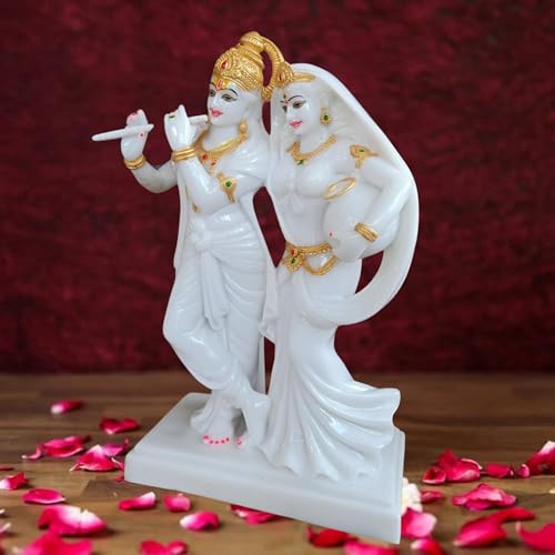 Image of Marble Radha Krishna Idol Statue for Home Decor Showpiece (Standard, White and Gold)