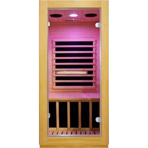 OUTEXER Infrared Sauna Room Indoor Saunas Home Obeche Wood 900W Low-EMF Dry Saunas Single Person Spa with 7 Color Light 32.3 * 28.3 * 61.4 inch