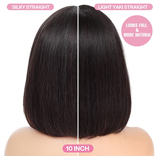 Punmasa Wear And Go 10" Yaki Straight Short Bob Wig Human Hair With Bangs, 2X1 Lace Glueless Cut Bob Wigs Realistic Look Scalp Bob Bangs Wigs For Women Natural Color Brazilian Human Virgin Hair Wigs #TOP1