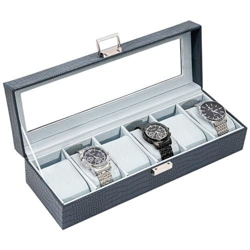 Procase Boite à Montre Antichoc, Coffret Montre Homme avec 6 Emplacements Coussins Montre, Rangement Montre avec Couvercle en Verre, pour Passionné d’Horlogerie -Bleu