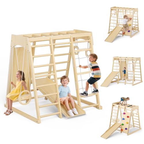 Lischwert Klettergerüst für Kinder – 9 in 1 Montessori Indoor Spielplatz mit Rutsche, Kletterwand, Strickleiter, Schaukel und Turnringen, klappbar aus Massivholz, 121x112x120 cm
