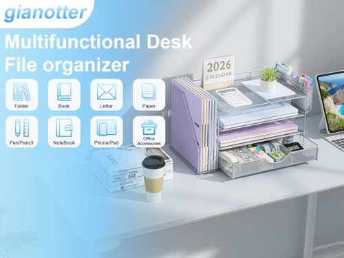 Image of gianotter Desk Organizers and Accessories with File Holder, 4-Tier Desk Accessories & Workspace Organizers with Drawer and 2 Pen Holder, Paper Organizer for Office Supplies (Grey)