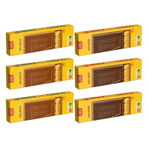Leibniz Butterkeks Chocolate Mix 6 × 125 g – 3 × Choco Leche entera y 3 × Choco Edelherb – galletas crujientes con chocolate – Mezcla de galletas para café, oficina y viajes (750 g en total)