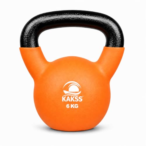 Image of KAKSS Half Coating Neoprene Kettlebell, 6kg Orange Cast Iron Kettle Bell with Non-Slip Grip Handle for Strength Training, Home Gym Workout Equipment for Men & Women (Proudly Made in India)