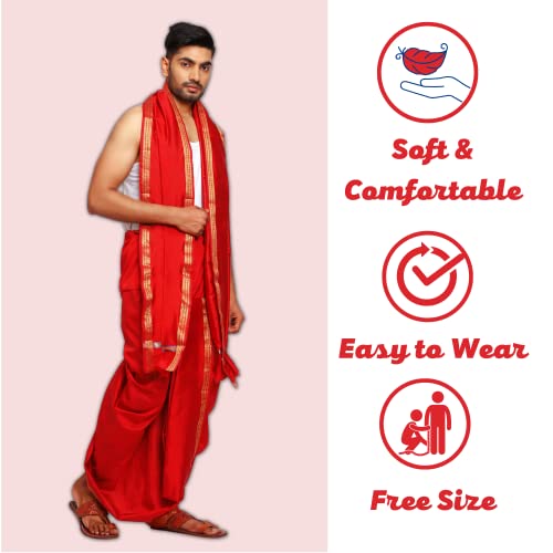 Image of Rameshwaram Fabrics Readymade Dhoti for Men, Velcro Style Stitched Mens Silk Dhoti Pant with Stole Set
