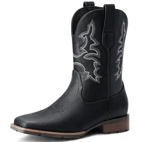 Image of Suokdil Cowboy Boots for Men - Men's Western Boots with Embroidery, Slip Resistant Square Toe Chunky Heel, Durable and Fashionable Retro Classic Footwear for Spring and Fall