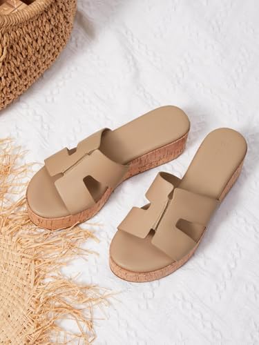 Image of Coutgo Women's Platform Wedge Sandals Open Toe Slip On Slides Cork Heeled Cutout Comfortable Summer Shoes