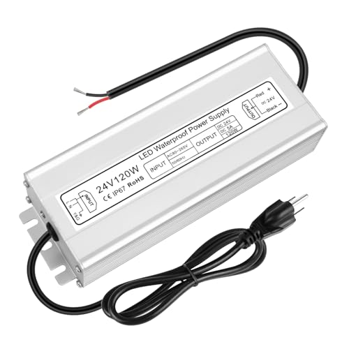 Image of LED Driver 120W 24V Power Supply, IP67 Waterproof Low Voltage Transformer, AC 80-265V to DC 24V 5A Converter with 3-Prong Plug 3.3 Feet Cable for Outdoor LED Lights, Industrial, Computer